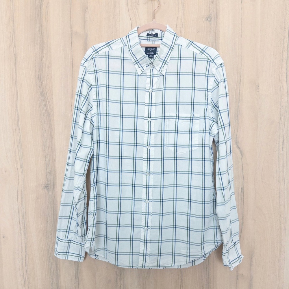 J.Crew Mens Shirt Size M White Green Blue Plaid Slim Untucked Classic Preppy‎